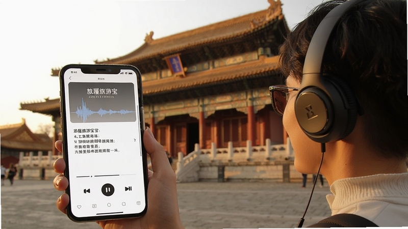 旅履旅游宝 语音讲解功能 游客戴着耳机站在古建筑前 手机屏幕显示播放波形与景点介绍文字 温暖午后光线