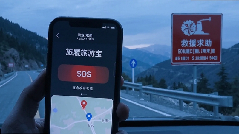 旅履旅游宝 紧急求助功能 手机屏幕显示SOS按钮与定位地图 背景是山区公路与救援标识 冷静蓝色调