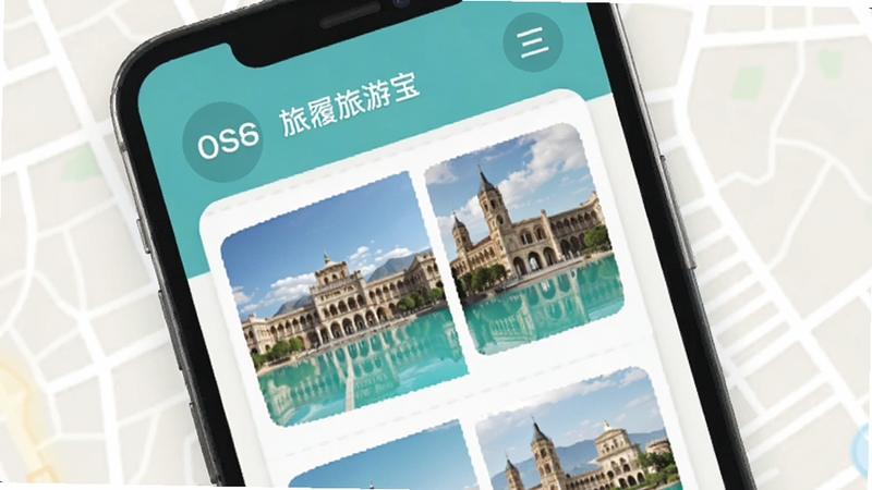 旅履旅游宝 软件主界面 手机屏幕 旅游行程卡片 景点缩略图 清爽蓝绿色调 扁平化设计 背景是浅色地图纹理