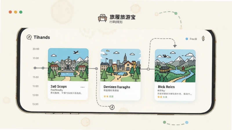 旅履旅游宝 行程规划界面 手机屏幕 时间轴 景点卡片 路线连线 浅色背景 简洁插画风格