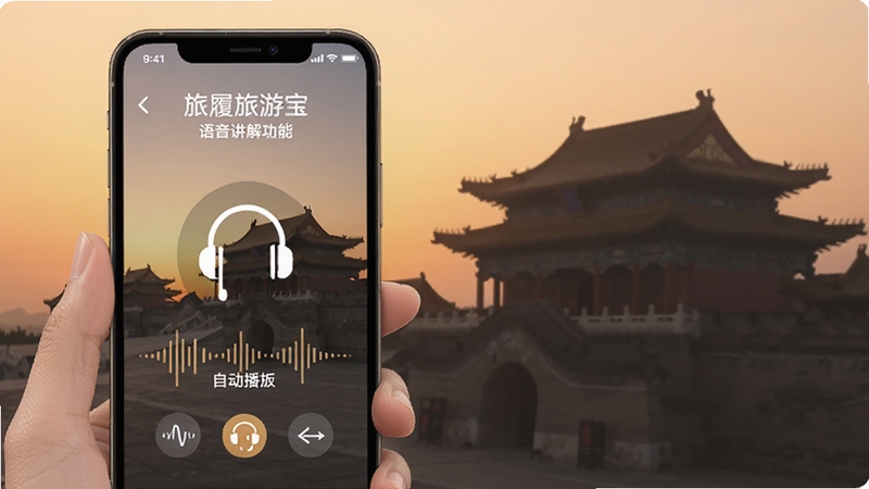 旅履旅游宝 语音讲解功能 手机靠近景点自动播放 耳机图标 声波纹理 背景是古建筑剪影 柔和暖色调