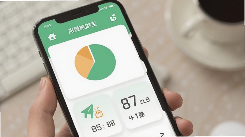 旅履旅游宝 记账界面 手机屏幕 饼图 分类图标 数字统计 清新绿色调 扁平化卡片设计