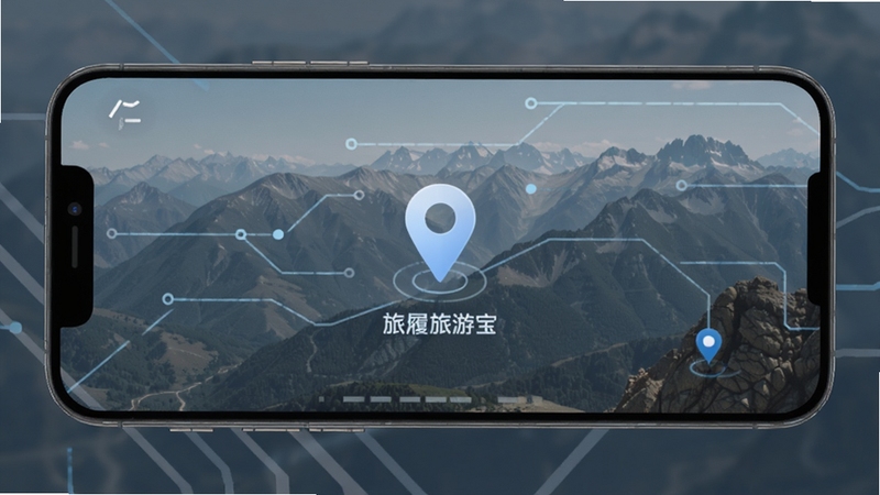 旅履旅游宝 离线地图功能 手机屏幕 离线地图包 定位图标 山区背景 蓝灰色调 科技感线条