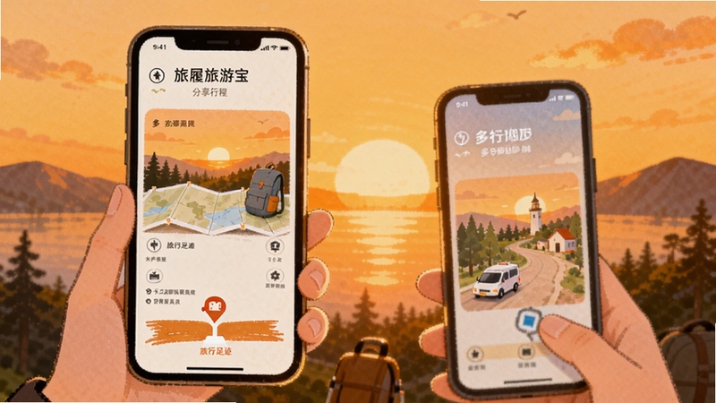 旅履旅游宝 分享行程 多部手机同步 打卡水印 旅行足迹 暖色夕阳背景 温馨插画风格