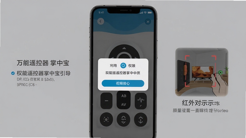 万能遥控器掌中宝新手设置引导界面,画面展示手机屏幕上的权限授权弹窗和红外对准示意图,背景是简洁的灰色调,突出操作提示和注意事项,整体风格清晰易懂