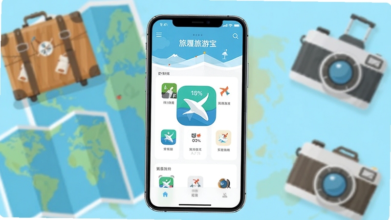 整体概括旅履旅游宝软件全貌,画面主体为一部智能手机屏幕,屏幕中央清晰展示旅履旅游宝的首页界面,背景区域为虚化的旅行场景,包含地图、行李箱、相机等元素,整体色调明亮清新,采用扁平化UI设计风格,突出软件图标与名称,适配Boogu模型生成