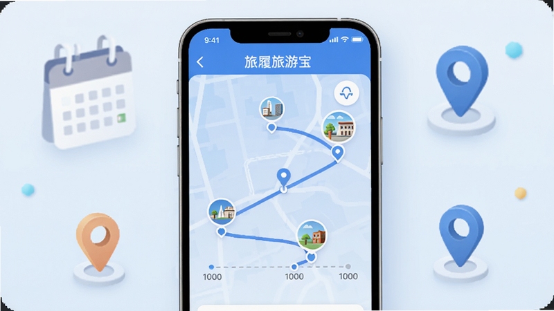 生图提示词:画面展示旅履旅游宝的智能行程规划界面,手机屏幕中显示一条清晰的旅游路线图,包含多个景点图标与时间轴,背景是淡蓝色的地图纹理,周围有日历、定位图钉等装饰元素,整体风格简洁科技感,软件名称旅履旅游宝出现在屏幕顶部