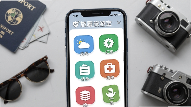 生图提示词:画面展示旅履旅游宝的旅行工具箱界面,手机屏幕中排列着天气、汇率、清单、急救包等彩色图标,背景是浅灰色桌面与散落的旅行用品,如护照、墨镜、相机,整体风格清爽实用,软件名称旅履旅游宝醒目可见