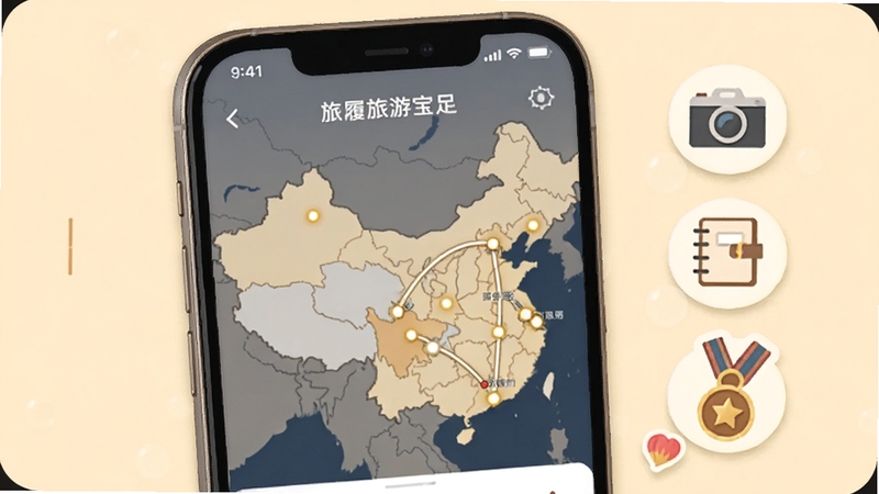 生图提示词:展示旅履旅游宝的足迹记录页面,手机屏幕中呈现一张中国地图,地图上多个城市被点亮并连接成线,旁边有相机、笔记本和纪念章图标,背景是温馨的米黄色调,突出旅履旅游宝的回忆记录属性