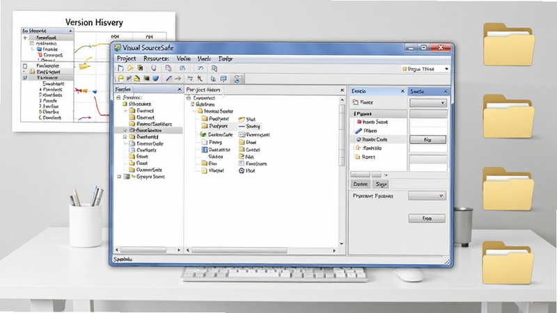 Visual SourceSafe �����������ͼ��չʾ��Ŀ��Դ���������ļ�ǩ��ǩ��������壬����Ϊǳ��ɫ�칫���滷������������Ϊ�����������壬��������������ð汾��ʷͼ�����ļ���ͼ�꣬��������רҵ������ Boogu ģ������