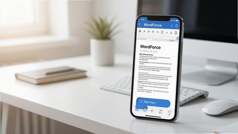 WordForce 软件主界面全貌展示,画面主体为手机屏幕中打开的文档编辑页面,背景为简洁的办公桌面环境,柔和光线从左侧照射,突出界面按钮与文字排版细节,整体风格清爽现代