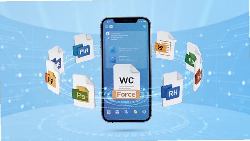WordForce 多格式文档编辑功能展示,画面主体为悬浮在空中的多个文档图标围绕手机屏幕旋转,背景为浅蓝色渐变科技感空间,文档图标带有不同格式标识,突出格式兼容与编辑流畅感