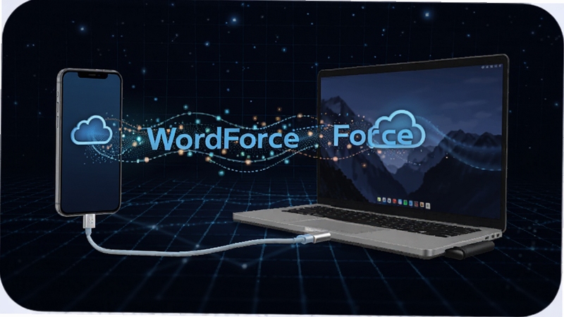 WordForce 云端同步功能概念图,画面主体为手机与笔记本电脑之间通过数据线连接,数据流以发光粒子形态传输,背景为深色星空与网格线条,突出同步的稳定与科技感