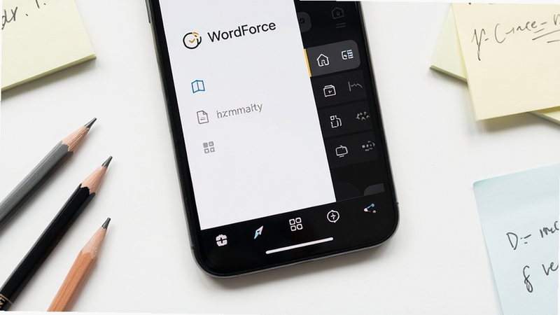 WordForce 极简操作界面特写,画面主体为手机屏幕放大展示底部工具栏与侧边菜单,背景为纯白色工作台,周围散落几支铅笔与便签纸,突出界面干净与操作直观