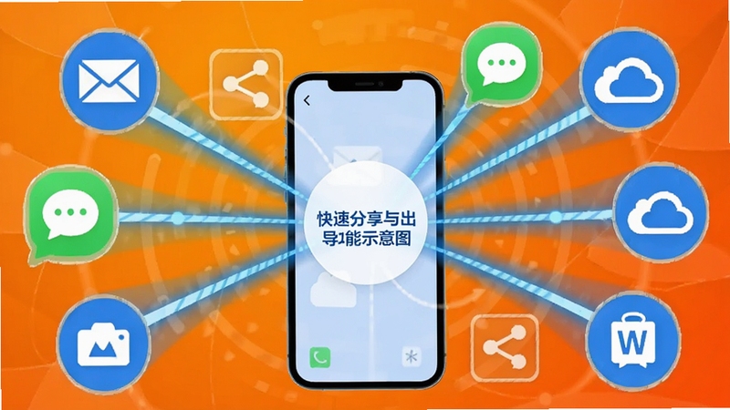 WordForce 快速分享与导出功能示意图,画面主体为手机屏幕向外辐射出多个分享目标图标,包括邮件、聊天软件、云盘等,背景为明亮橙色渐变,突出分享路径的便捷与多样