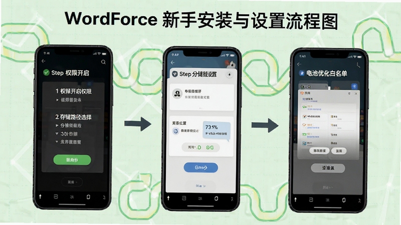 WordForce 新手安装与设置流程图,画面主体为手机屏幕分步骤展示权限开启、存储路径选择、电池优化白名单设置三个画面并列,背景为浅绿色网格底纹,整体风格清晰教程化
