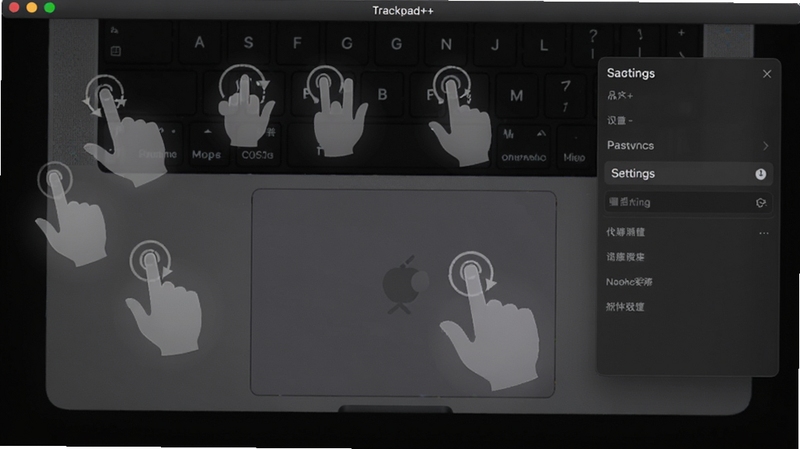 Trackpad++ �����������봥�ذ�����ʾ��ͼ����������Ϊ��ɫ�����µıʼǱ����Դ��ذ���д����Χ�����Ű�͸���Ķ�ָ����ͼ����������壬���Ƽ���Լ��ϸ����������Ӱ���