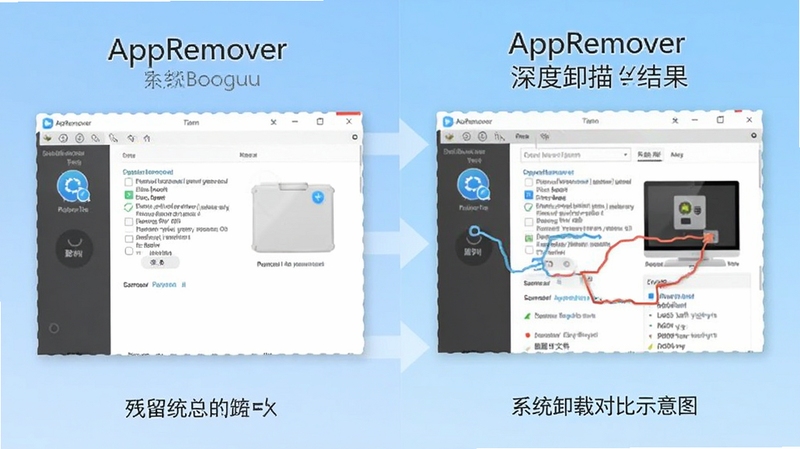 AppRemover与系统卸载对比示意图,画面主体为左右分栏对比布局,左侧显示系统自带卸载界面,右侧显示AppRemover深度扫描结果,背景为浅蓝色渐变,突出残留文件差异,适配Boogu模型生成