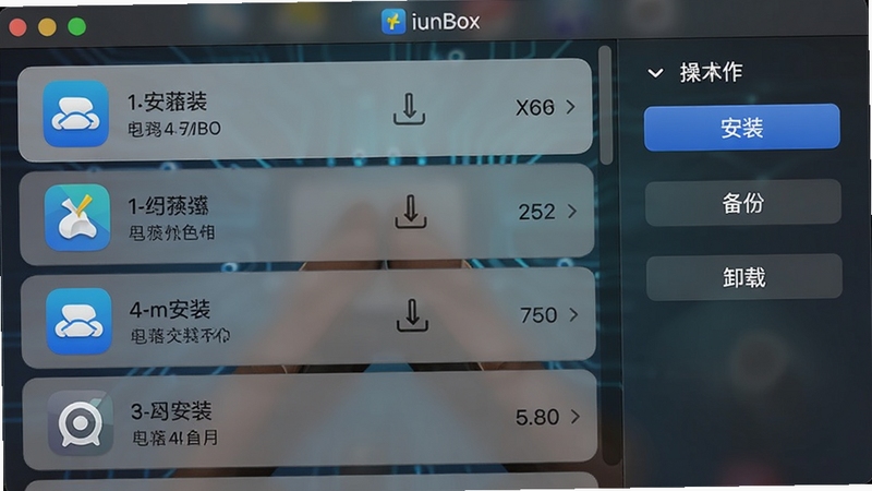 iFunBox Ӧ�ù�������ͼ����棬�б���չʾ���Ӧ��ͼ����汾��Ϣ���Ҳ�������а�װ�����ݡ�ж�ذ�ť������Ϊ��ɫ��͸��ë����Ч����ͻ���Ƽ�����������