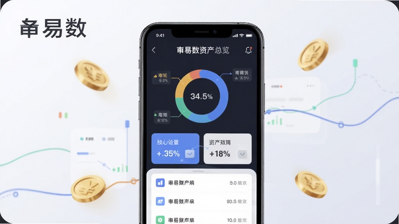 生成一张手机应用界面展示图,画面中心为一台立式智能手机,屏幕中显示甬易数资产总览仪表盘,包含环形图、数字卡片和列表项;背景为柔和的浅灰白色,周围散落少量金币与数据线条装饰,突出甬易数名称,整体色调清新专业。