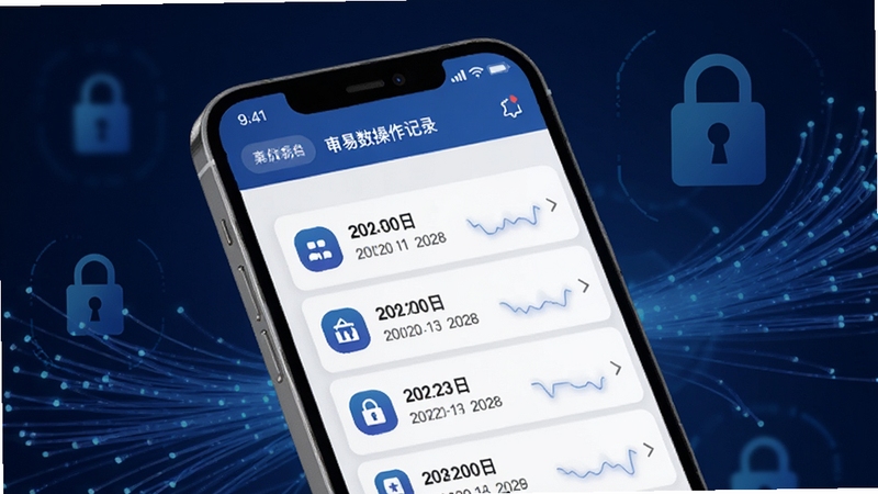 生成一张甬易数操作记录页面的概念图,画面主体为手机屏幕特写,屏幕内显示按时间排列的操作日志列表,每条记录带有图标与日期;背景区域为深蓝色科技背景,带有淡淡的光纤纹理与锁形安全符号,体现甬易数安全记录功能。