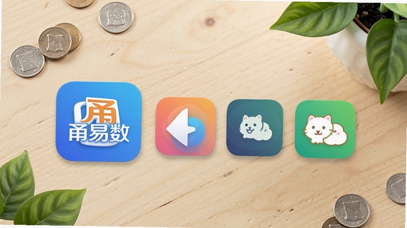 生成一张应用推荐合集展示图,画面中央为五款手机应用图标整齐排列,其中甬易数图标位于首位且尺寸略大;背景为浅色木纹桌面,散落几枚硬币与绿植叶片,整体氛围轻松生活化,突出甬易数品牌标识。
