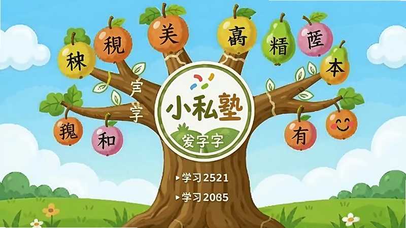 ����С˽�ӷּ�ʶ�ֿγ̽��棬����������һ�ÿ�ͨ�ɳ����������ϱ�ע�Ų�ͬѧϰ�׶Σ���֦�Ϲ�����д�к��ֵĲ�ɫ��ʵ�����������������������ɫ�ݵأ����������к���С˽�ӵ�Բ�α�־����������������