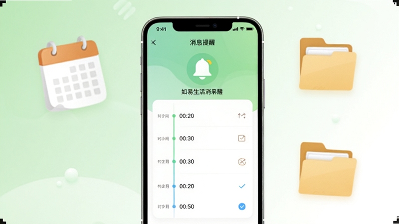 如易生活消息提醒与账单归档页面,画面中央为手机界面,显示提醒铃铛图标与时间轴列表,背景区域为浅绿到白色的柔和过渡,点缀日历与归档文件夹元素
