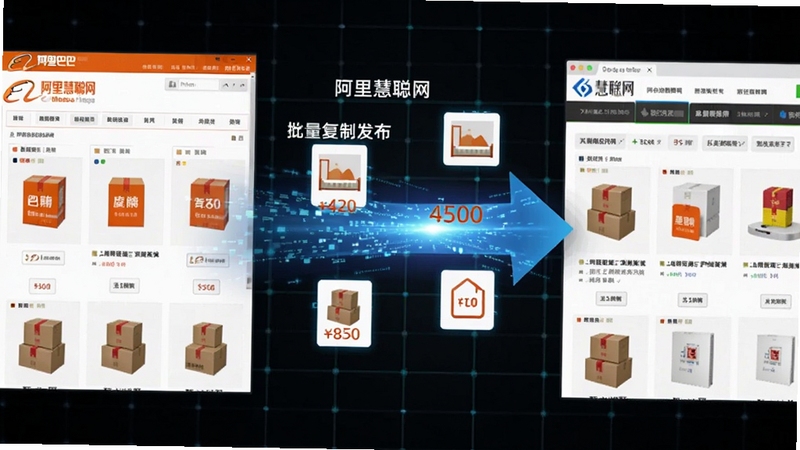 阿里慧聪网批量复制发布产品软件跨平台搬运功能概念图,画面左侧是阿里巴巴风格的商品页面,右侧是慧聪网风格的商品页面,中间由一道发光的蓝色数据流箭头连接,箭头上漂浮着标题、图片、价格等图标,背景为深色科技网格,突出数据流转的动感与高效,适配Boogu模型生成