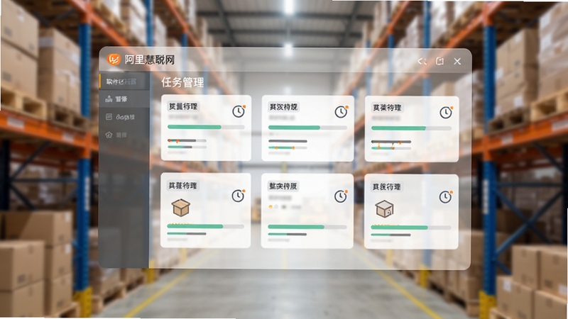 阿里慧聪网批量复制发布产品软件批量任务队列界面展示图,画面中是一个悬浮在空中的半透明任务管理面板,面板上排列着多个商品卡片,每个卡片带有进度条与时钟图标,背景是模糊的仓库货架,寓意商品整装待发,风格偏向扁平化设计,适配Boogu模型生成