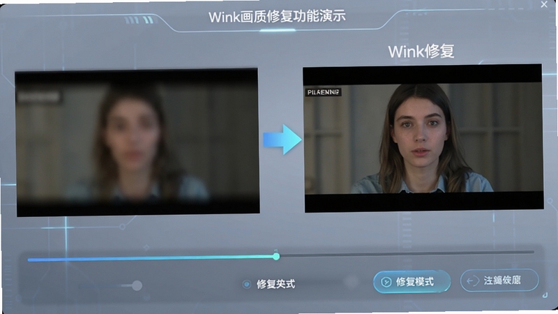 Wink画质修复功能演示界面,画面左侧展示模糊低清视频画面,右侧展示经过Wink修复后的高清画面,中间用箭头连接表示修复过程,界面底部有进度条和修复模式选择按钮,整体风格现代科技感强