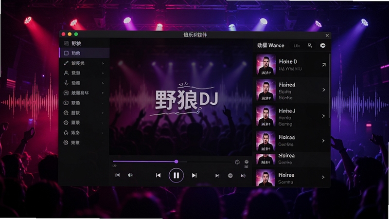 野狼DJ音乐盒软件主界面全貌展示,画面中央为深色主题的播放器窗口,左侧是歌曲分类导航栏,右侧是劲爆舞曲播放列表,背景区域为霓虹闪烁的夜店舞台灯光效果,整体色调以紫红与深蓝为主,突出重低音节奏感