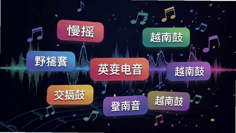野狼DJ音乐盒曲库分类界面特写,画面主体为悬浮在半空中的彩色音乐分类标签,中文慢摇、英文电音、越南鼓等字样清晰可见,背景为深色渐变,点缀着跳动的音频波形和音符粒子,整体风格动感时尚
