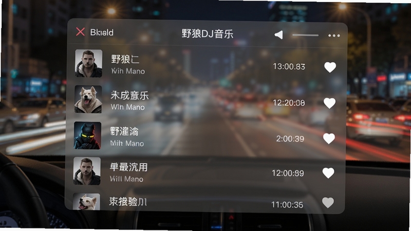 野狼DJ音乐盒本地歌单管理界面,画面展示一个半透明的播放列表窗口,歌曲名称和时长整齐排列,右侧有收藏心形图标,背景为模糊的城市夜景车流灯光,体现车载音乐使用场景