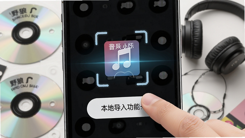 野狼DJ音乐盒本地导入功能示意图,画面展示手机屏幕上的扫描本地音乐按钮被手指点击,背景是散落的音乐CD和耳机,整体光线明亮清晰,突出操作步骤的简易性