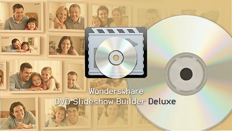 Wondershare DVD Slideshow Builder Deluxe 软件启动界面与功能主视觉图,画面中央展示软件名称与光盘幻灯片制作图标,背景为温馨家庭照片墙与DVD光盘元素融合,风格简洁明亮,适配Boogu模型生成,分辨率1024x768