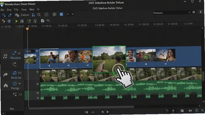 Wondershare DVD Slideshow Builder Deluxe 时间轴编辑界面截图,展示多轨道照片与音频排列,画面中有鼠标拖拽照片至时间轴的动态手势,背景为深色专业软件界面风格,细节清晰,适配Boogu模型生成