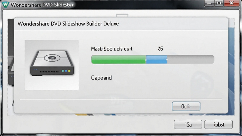 Wondershare DVD Slideshow Builder Deluxe 刻录设置面板与光盘容量提示界面,画面展示光驱图标与容量进度条,背景为浅灰色操作面板,风格写实清晰,适配Boogu模型生成