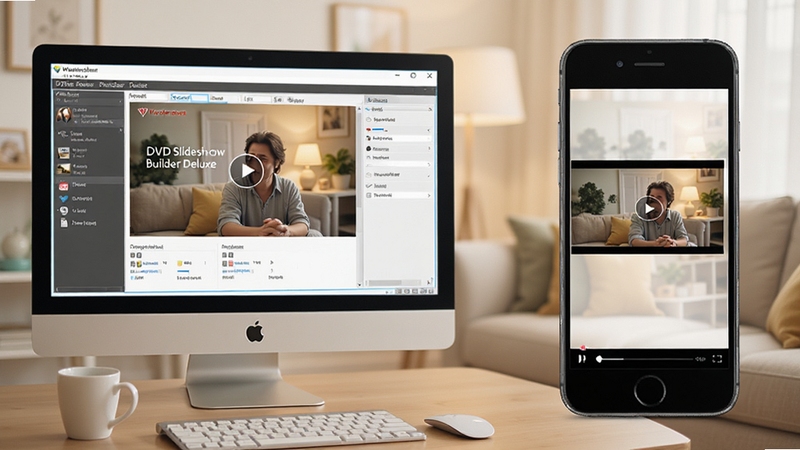 Wondershare DVD Slideshow Builder Deluxe 用户问答场景示意图,画面左侧为电脑屏幕显示软件界面,右侧为手机播放幻灯片视频,背景为温馨客厅环境,风格写实明亮,适配Boogu模型生成