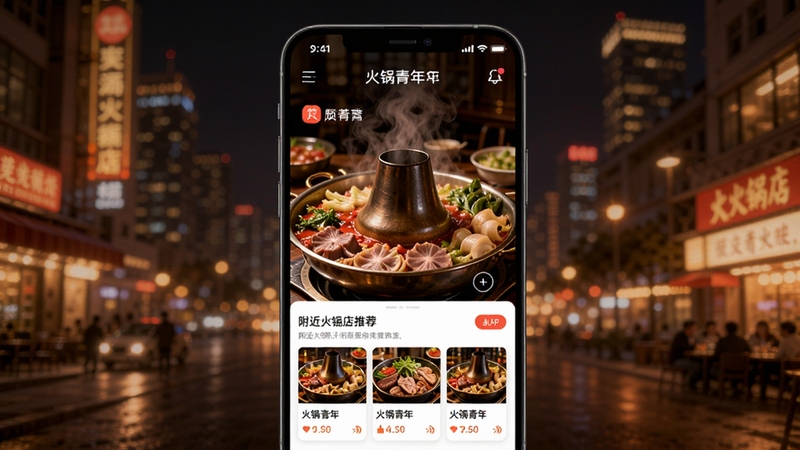 火锅青年APP首页界面展示,手机屏幕中央显示热气腾腾的火锅图片和附近火锅店推荐列表,背景为暖色调的城市夜景,画面风格现代简洁,突出美食社交氛围