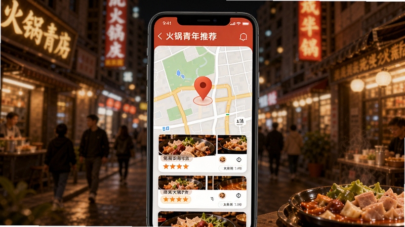 火锅青年APP附近火锅店推荐页面,手机屏幕展示地图定位标记和火锅店列表,店铺卡片上有评分和特色标签,背景是繁华的城市街道,暖色灯光,画面清晰有食欲感