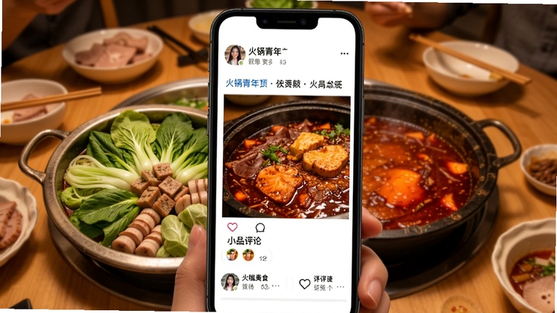 火锅青年APP社区页面,手机屏幕显示用户分享的火锅美食图文帖子,有火锅青菜拼盘和红油锅底特写,界面有点赞评论按钮,背景为温馨的餐桌场景