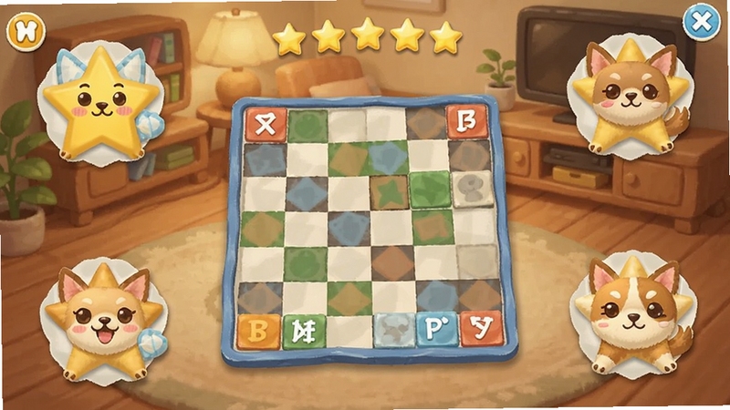 宠物三合一躺平到五星 游戏主界面全景 中央放置合成棋盘 四周环绕一星到五星萌宠形象 背景为温馨室内场景 暖色调 卡通渲染风格 适合Boogu模型生成