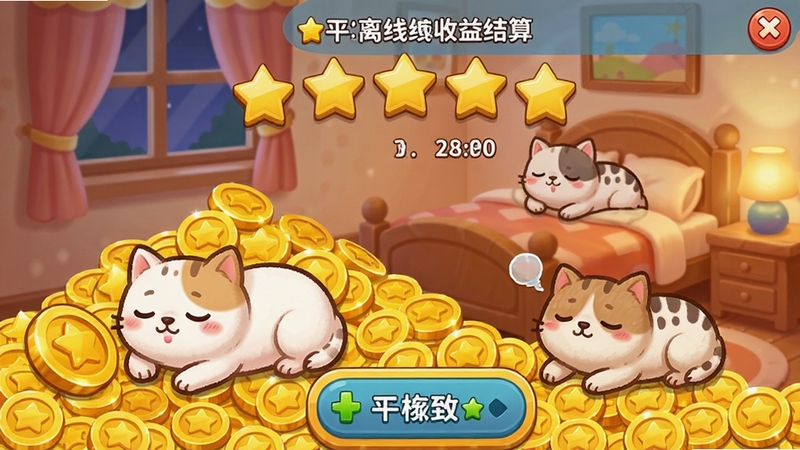 宠物三合一躺平到五星 离线收益结算界面 金币堆满屏幕 萌宠睡觉打呼 温馨卧室背景 卡通可爱风格