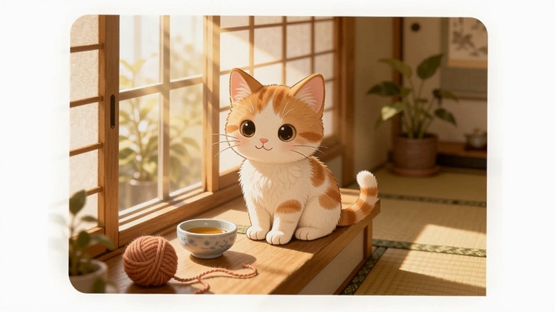 一只橘白相间的小猫坐在温馨的日式房间窗台上,阳光透过纸窗洒落,猫咪面前摆着小碗和毛线球,背景是柔和的榻榻米和绿植,整体色调温暖治愈,画面中央为猫咪主体,四周留白自然,适合Boogu模型生成,小猫物语主题插画风格