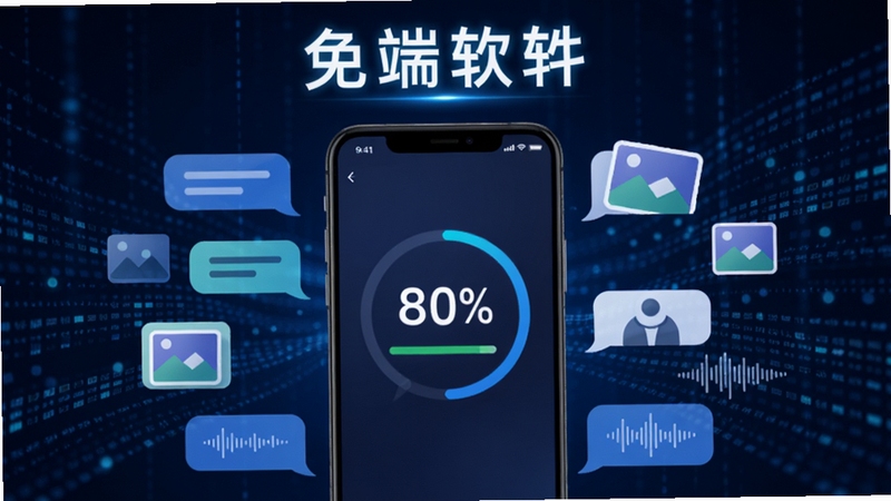 聊天记录免费备份云端软件的一键备份功能展示图,画面中心为手机屏幕显示备份进度百分比,周围环绕着聊天气泡、图片图标和语音波形,背景为深蓝色数据流动态效果,突出科技感与高效传输,软件名称以白色发光字体显示在顶部。