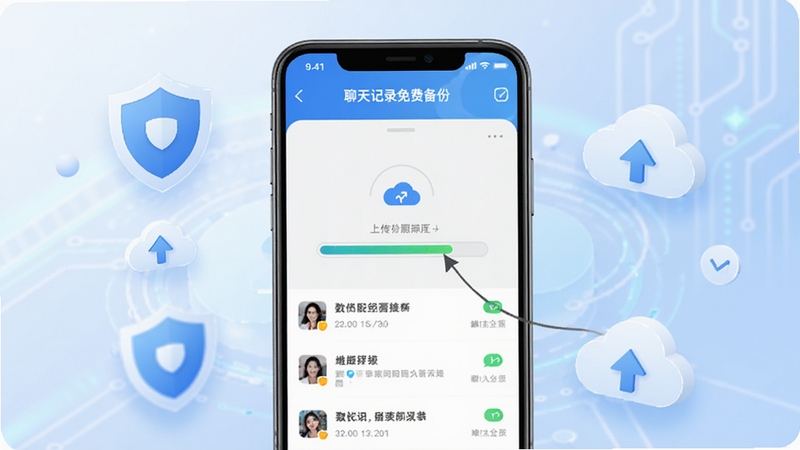 一款名为聊天记录免费备份云端的手机应用界面,画面中央展示手机屏幕,屏幕内呈现聊天记录列表与云端上传进度条,背景为柔和的蓝白渐变科技风格,周围漂浮着盾牌与云朵图标,象征数据安全与云端存储,整体色调清新明亮,适合作为软件宣传图。