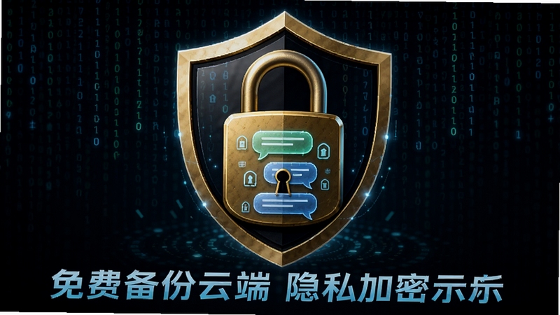 聊天记录免费备份云端隐私加密功能示意图,画面中央为一把金色锁具与盾牌组合,锁具内部显示加密的聊天对话气泡,背景为深色矩阵代码雨效果,突出安全与保密主题,软件名称以科技感字体出现在画面底部。