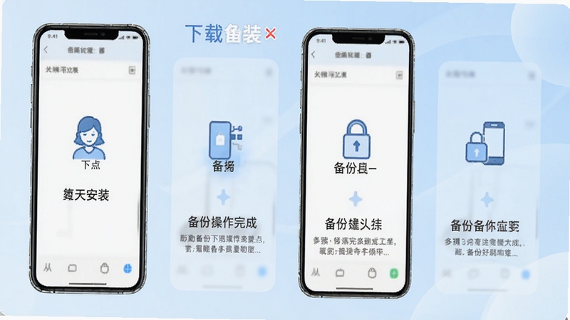 聊天记录免费备份云端新手操作流程图,画面以手机屏幕截图形式展示从下载安装到备份完成的四个步骤,每个步骤配有简洁图标与文字说明,背景为淡蓝色渐变,整体风格清晰易懂,适合作为教程配图。