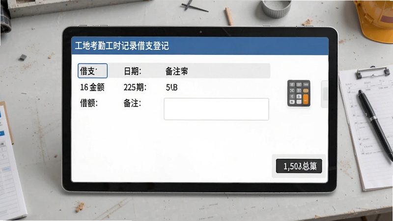 工地考勤工时记录软件借支登记页面,界面中列出借支金额、日期与备注栏,旁边有计算器图标与结算汇总数字,背景为简约的浅灰色工作台面,整体风格商务实用,体现工地记账的严谨性